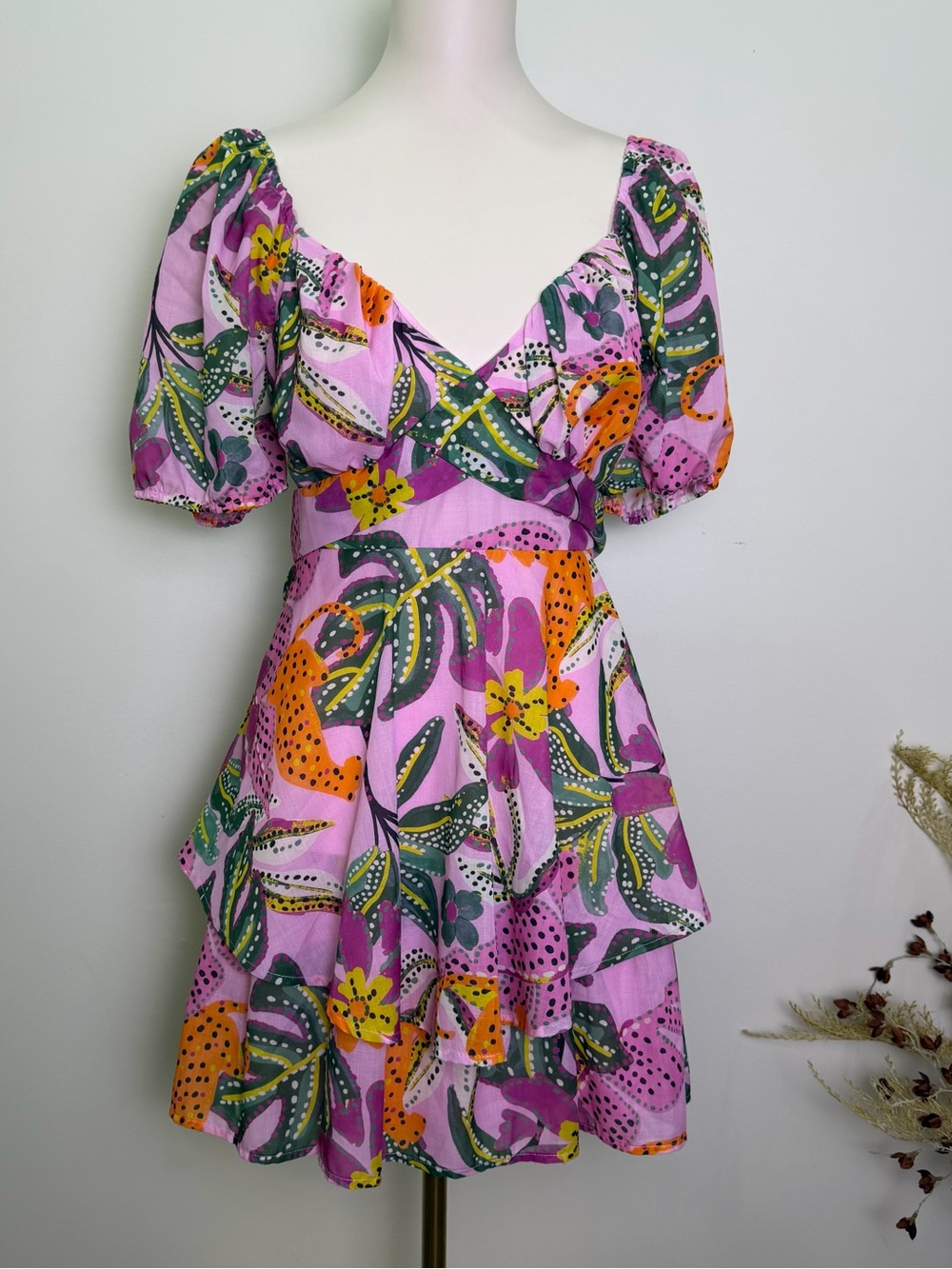 Crystal Sky Size XL Tropical Leopard Tiered Mini Dress Pink & Green